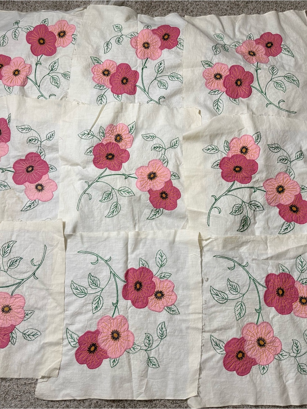 Nine Hand-Embroidered Appliquéd Floral Squares Pillows Quilting Crafts 17”